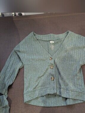 SO Heathered Green Ribbed V-Neck Button Cardigan